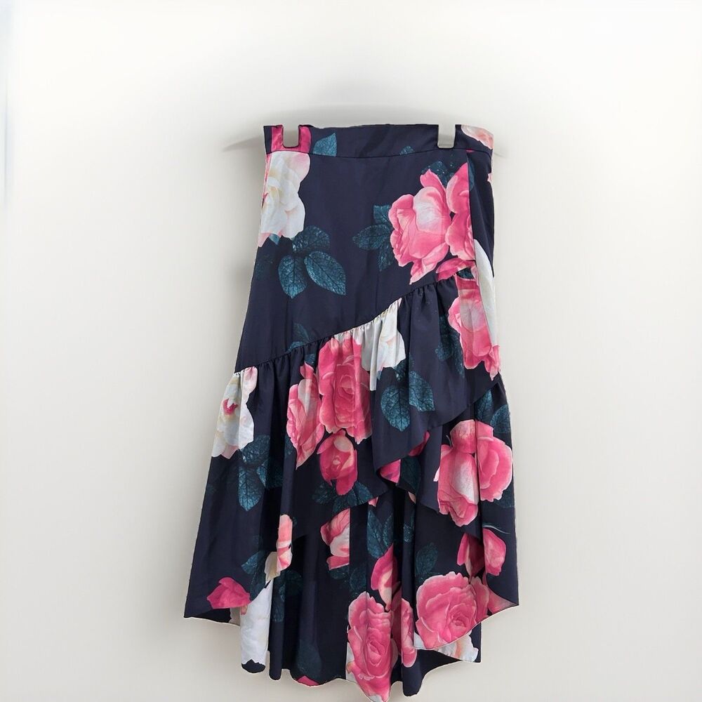 Eliza J Womens Floral Skirt Cascading Ruffle Faux Wrap Tiered High Low Hem